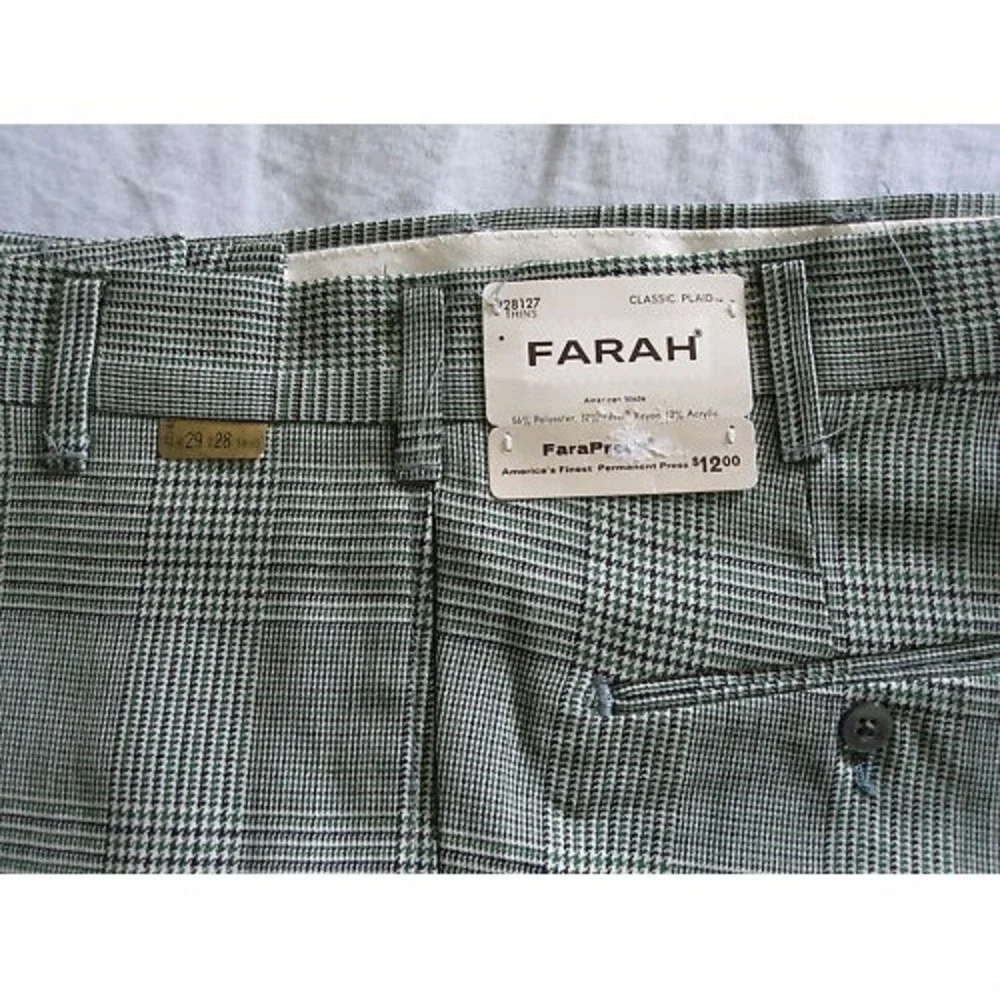 Mens Vintage Farah Green Classic Checkered Plaid 28x31 Thin‎ Skinny Dress Pants!